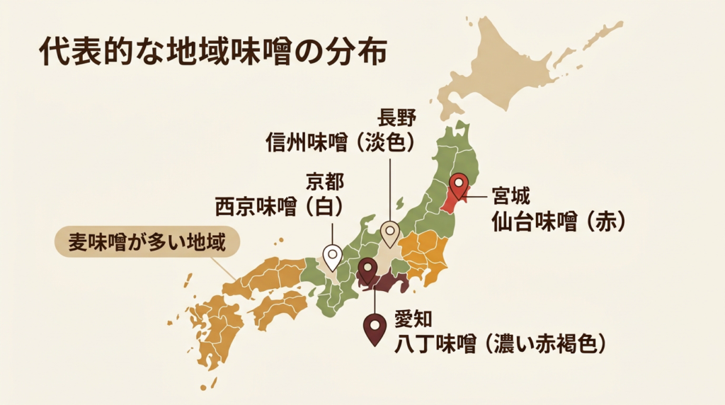 信州味噌・仙台味噌・西京味噌・八丁味噌など地域ごとの味噌の特徴を示した図