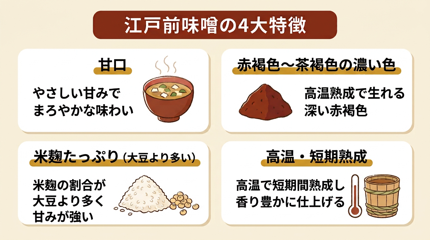 江戸前味噌の4大特徴（甘口／赤褐色〜茶褐色の濃い色／米麹たっぷり／高温・短期熟成）をまとめた図