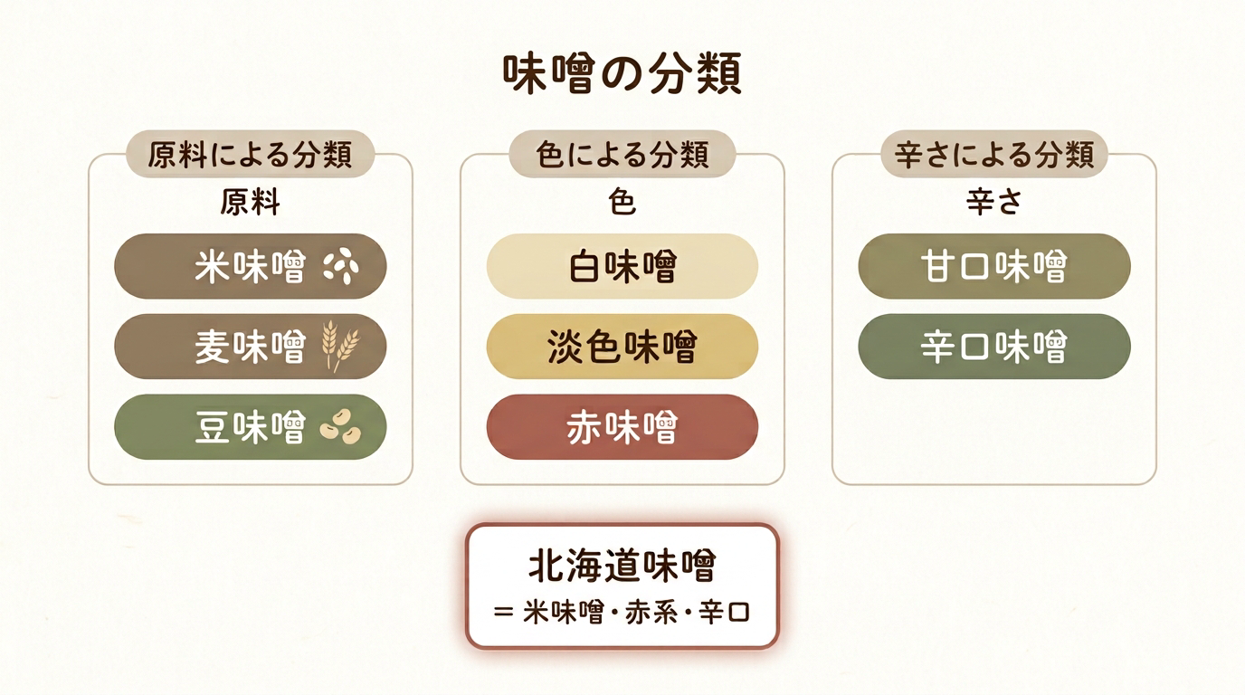 味噌の分類（原料・色・辛さ）の中で北海道味噌が「米味噌・赤系・辛口」に位置することを示す整理図