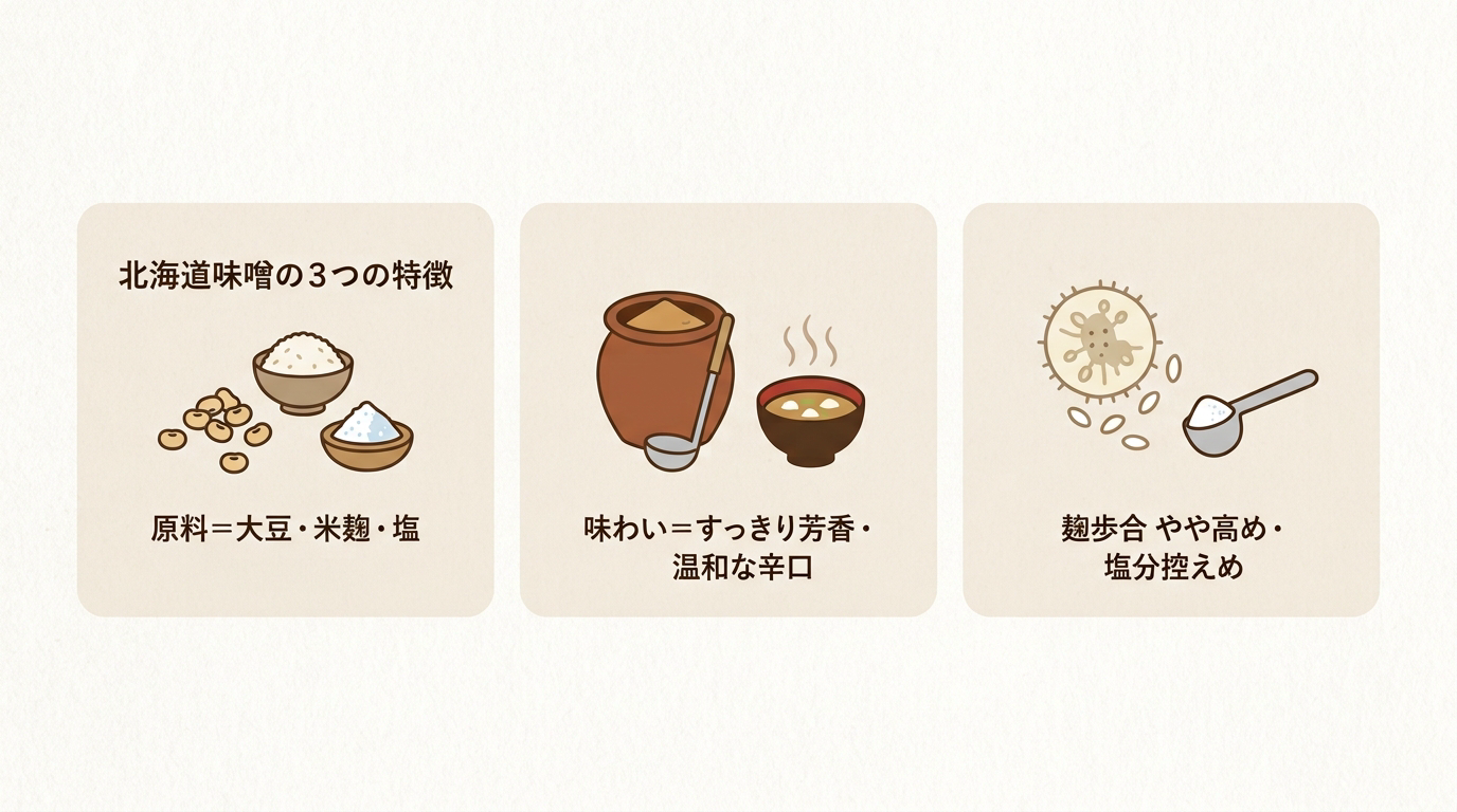 北海道味噌の特徴整理（原料＝大豆・米麹・塩／味わい＝すっきり芳香・温和な辛口／麹歩合やや高め・塩分控えめ）