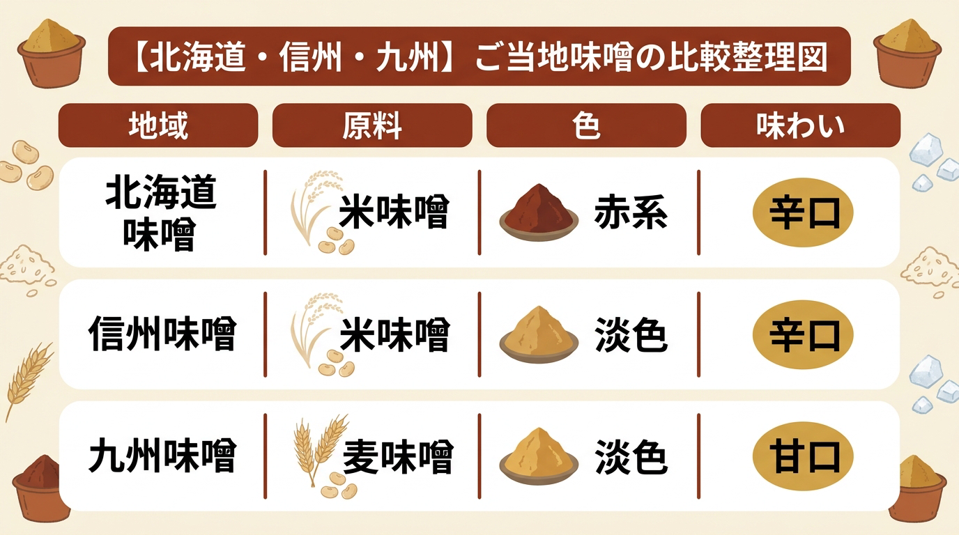 北海道味噌・信州味噌・九州味噌を地域・原料・色・味わいの4項目で比較した整理図