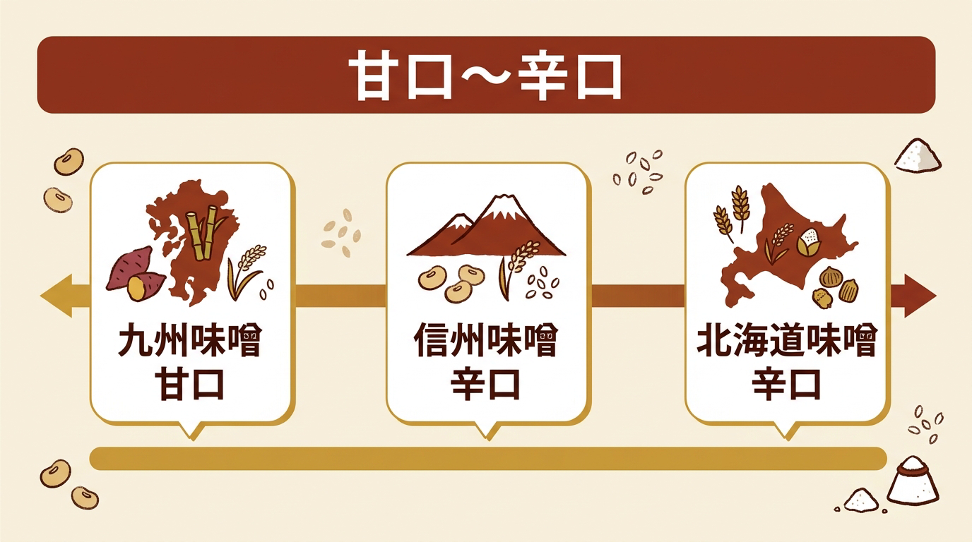 甘口〜辛口の味わいの幅の中に九州味噌(甘口)・信州味噌(辛口)・北海道味噌(辛口)を地図イラストとともに位置づけた図