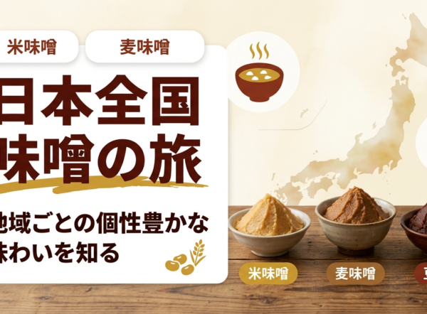 日本各地の味噌（米味噌・麦味噌）を並べたイメージ