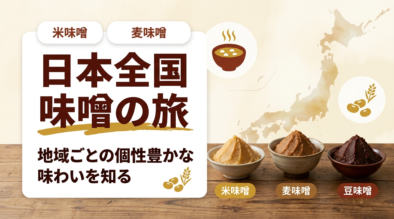 日本各地の味噌(米味噌・麦味噌)を並べたイメージ