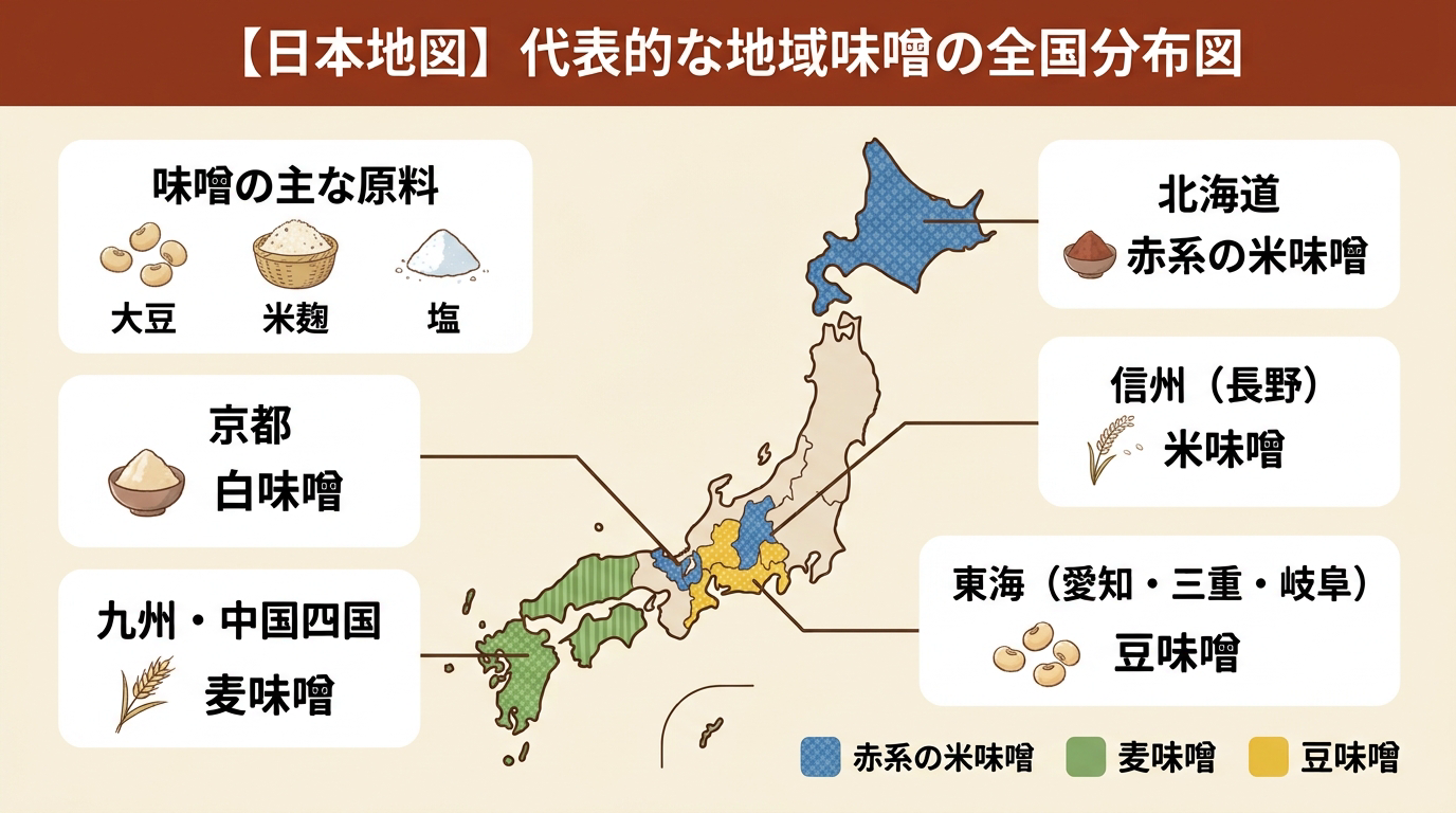 日本地図上に代表的な地域味噌(信州・北海道・九州中国四国・東海・京都)を配置した全国分布図