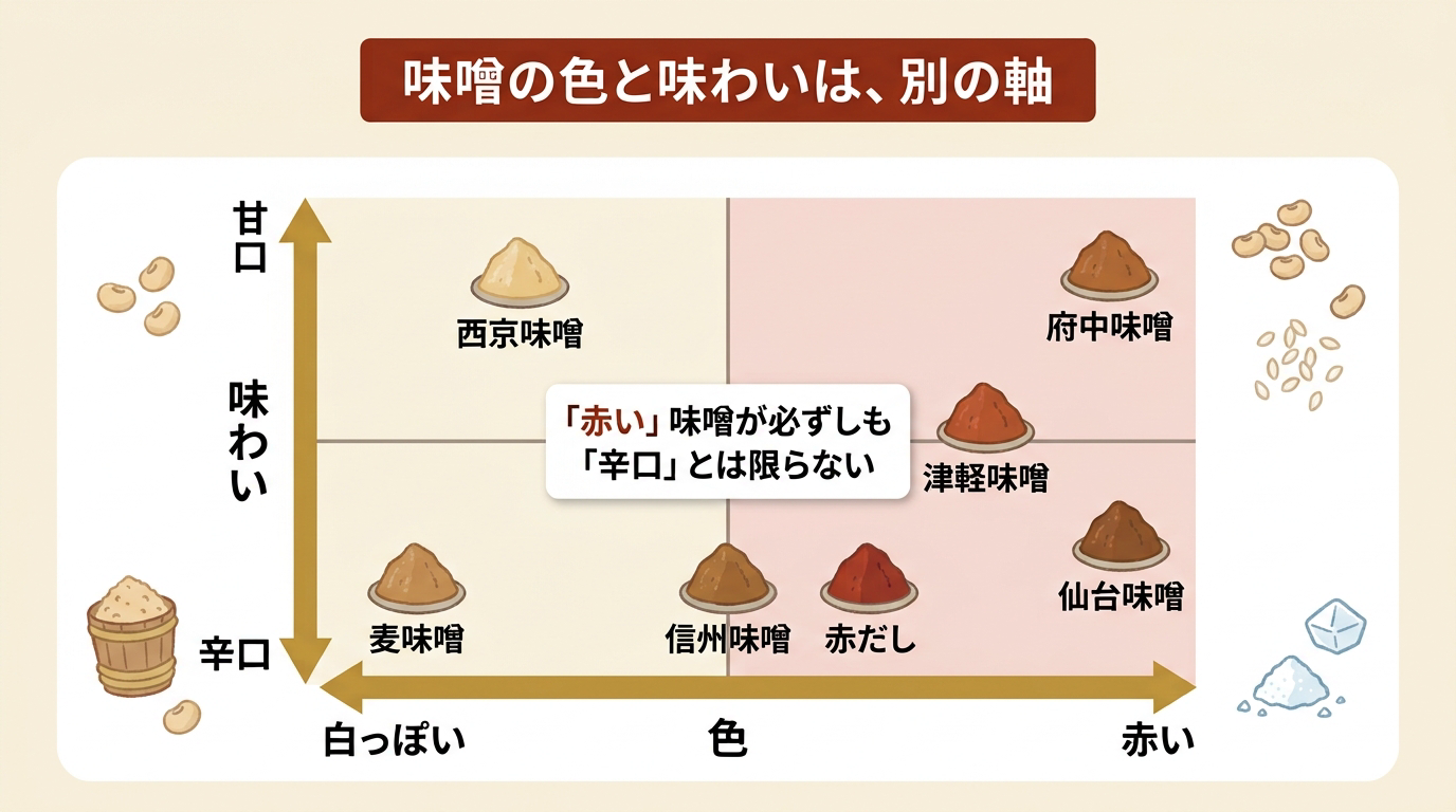 味噌の色と味わいは別の軸であることを示す2軸マトリクス(甘口〜辛口×白っぽい〜赤い)