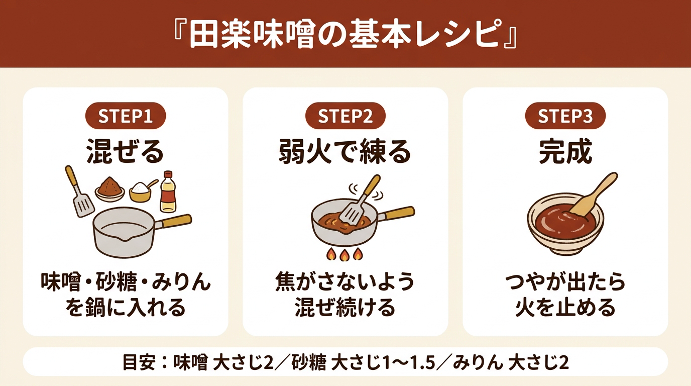 田楽味噌の基本レシピを示す3ステップのイラスト。STEP1は味噌・砂糖・みりんを鍋に入れて混ぜる、STEP2は焦がさないよう弱火で練る、STEP3はつやが出たら火を止めて完成