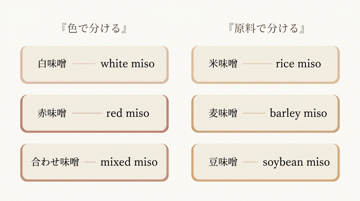 味噌の分類(色で分ける/原料で分ける)と日英対応(white miso・red miso・mixed miso/rice・barley・soybean miso)を示した図