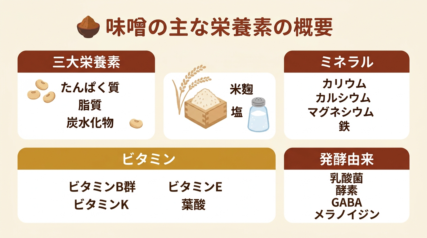 味噌に含まれる栄養素を三大栄養素・ビタミン・ミネラル・発酵由来成分の4カテゴリーに分けて整理した概要図