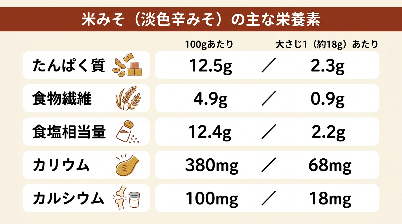 米みそ（淡色辛みそ）に含まれるたんぱく質・食物繊維・食塩相当量・カリウム・カルシウムを100gあたりと大さじ1あたりで比較した図