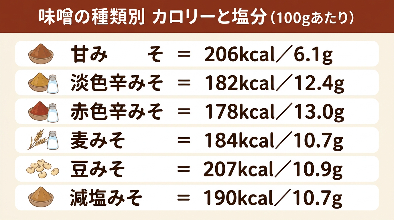 甘みそ・淡色辛みそ・赤色辛みそ・麦みそ・豆みそ・減塩みその100gあたりのカロリーと塩分を種類別に比較した図