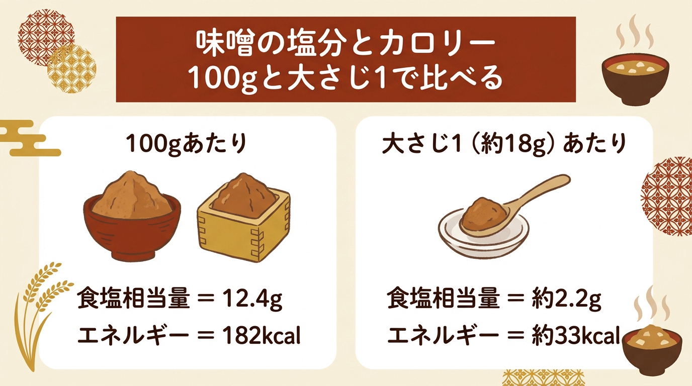 味噌の塩分とカロリーを100gあたりと大さじ1（約18g）あたりで比較した図（食塩相当量12.4g→約2.2g、エネルギー182kcal→約33kcal）