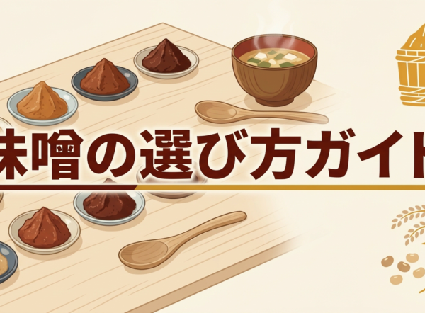 色や種類の異なる味噌と味噌汁を並べた、味噌の選び方のイメージ