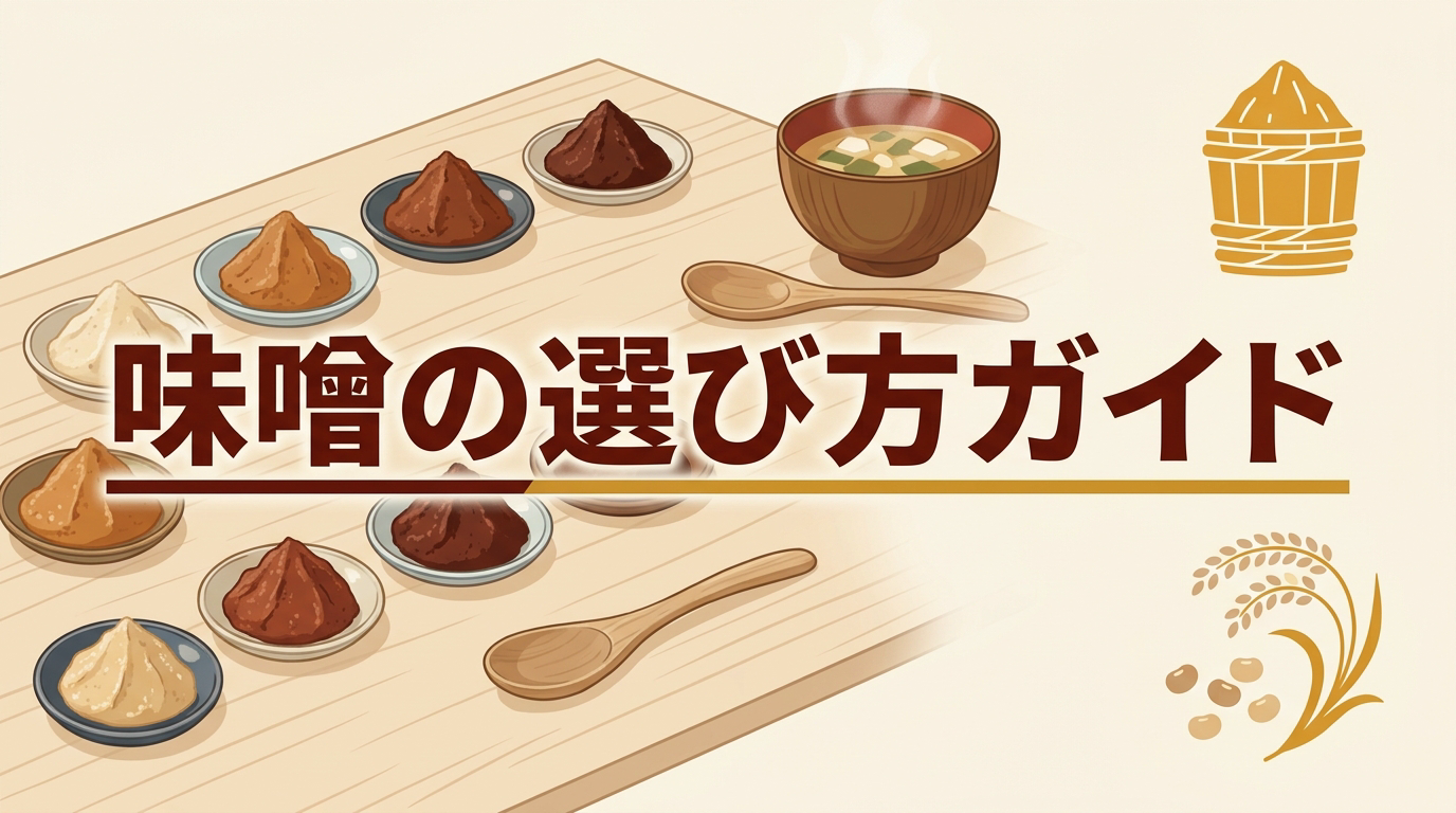 色や種類の異なる味噌と味噌汁を並べた、味噌の選び方のイメージ
