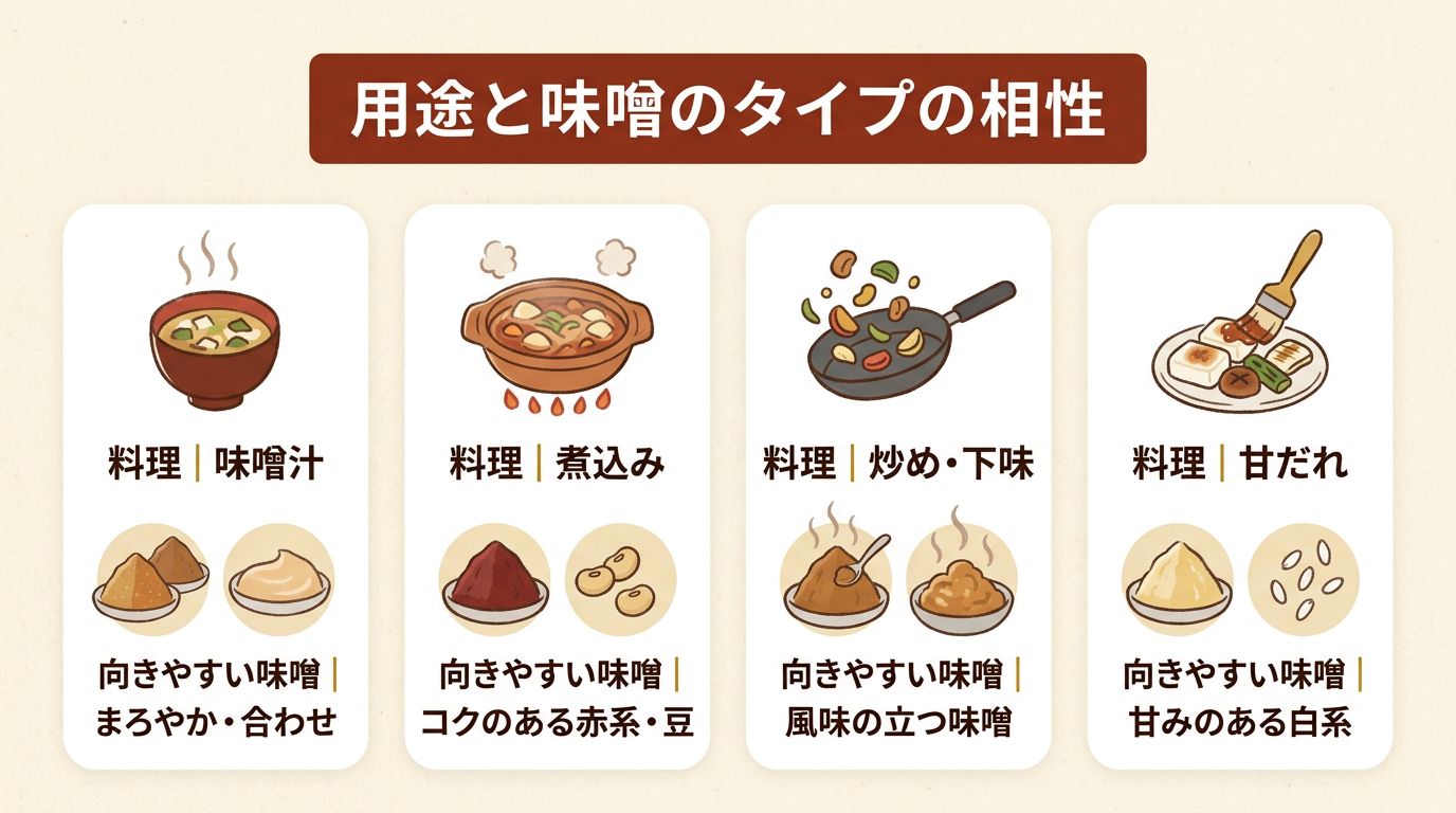 用途と味噌のタイプの相性|味噌汁・煮込み・炒め下味・甘だれ