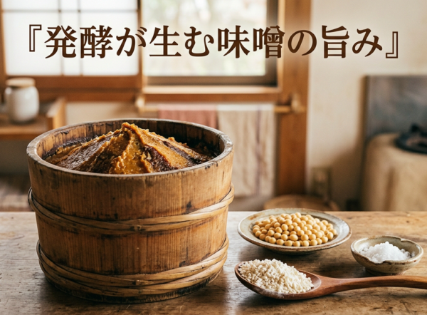 味噌樽と大豆・米麹・塩を並べた和のキッチンのイメージ