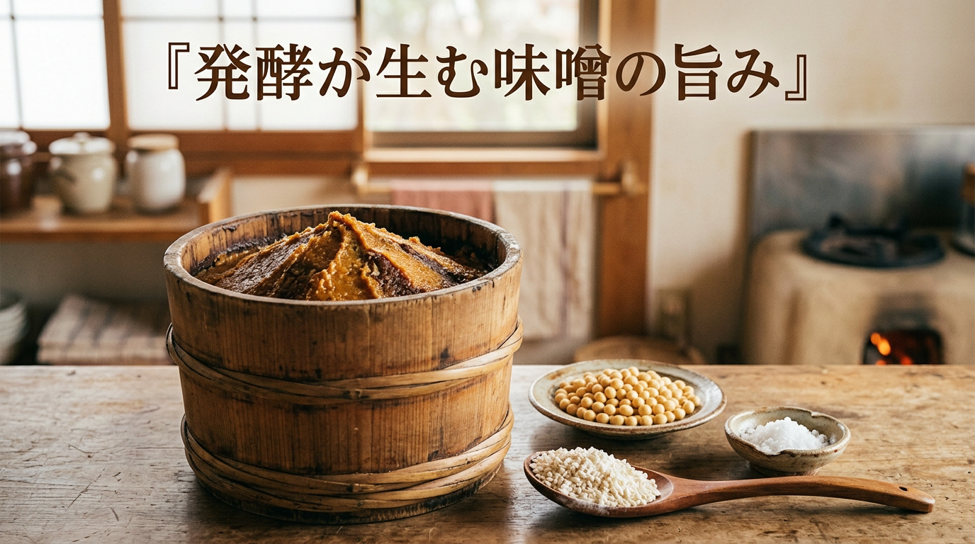味噌樽と大豆・米麹・塩を並べた和のキッチンのイメージ