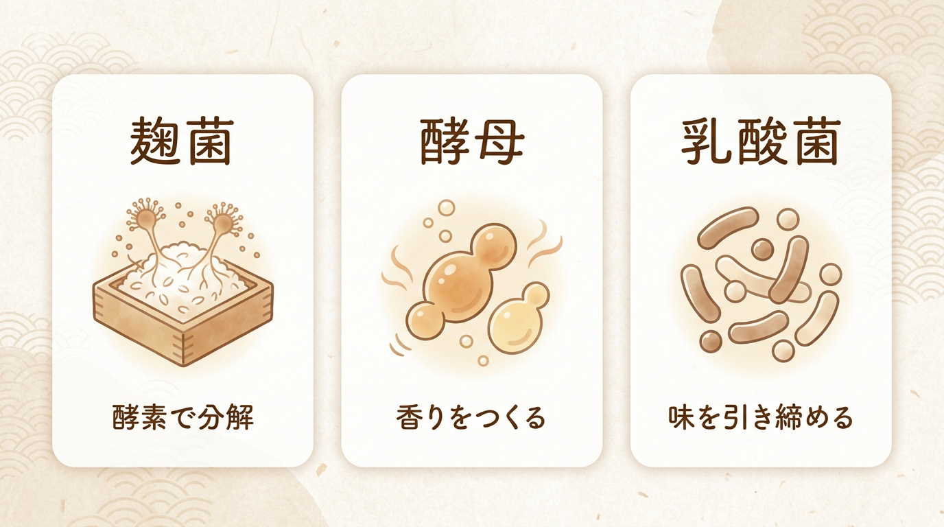 味噌の発酵に関わる3つの微生物(麹菌・酵母・乳酸菌)の役割分担を示した図