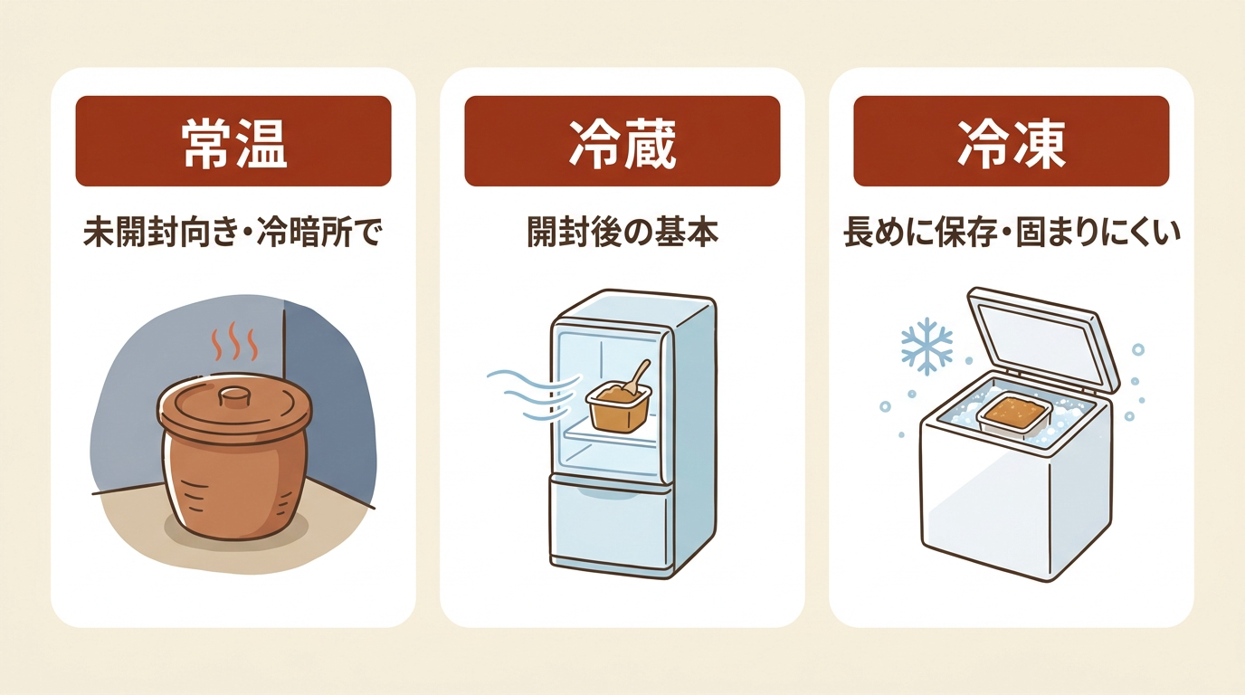味噌の常温・冷蔵・冷凍の3つの保存方法を並べたイラスト。常温は甕に入れて未開封・冷暗所向き、冷蔵は開封後の基本、冷凍は長めの保存に向き固まりにくいことを示す
