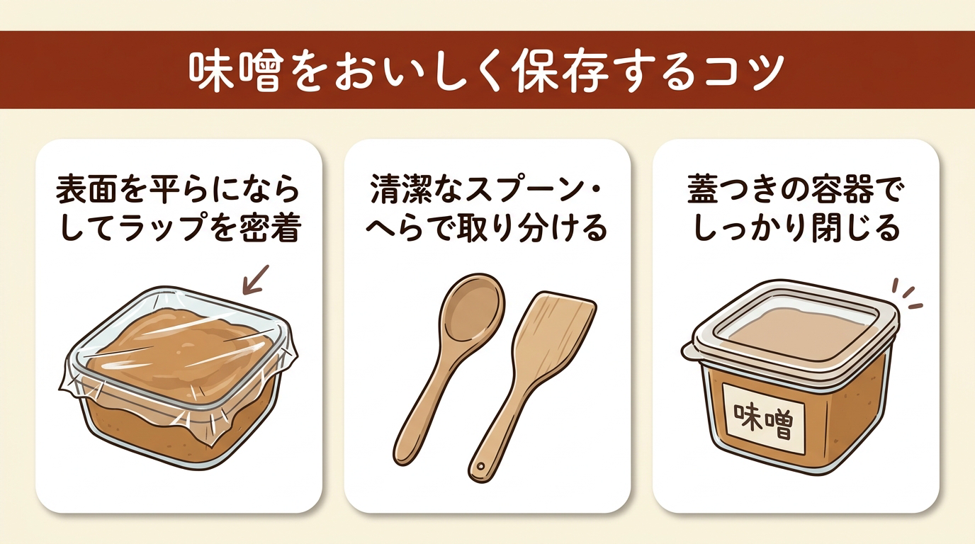 味噌をおいしく保存するコツを示す3つのイラスト。表面を平らにならしてラップを密着させる、清潔なスプーンやへらで取り分ける、蓋つきの容器でしっかり閉じる