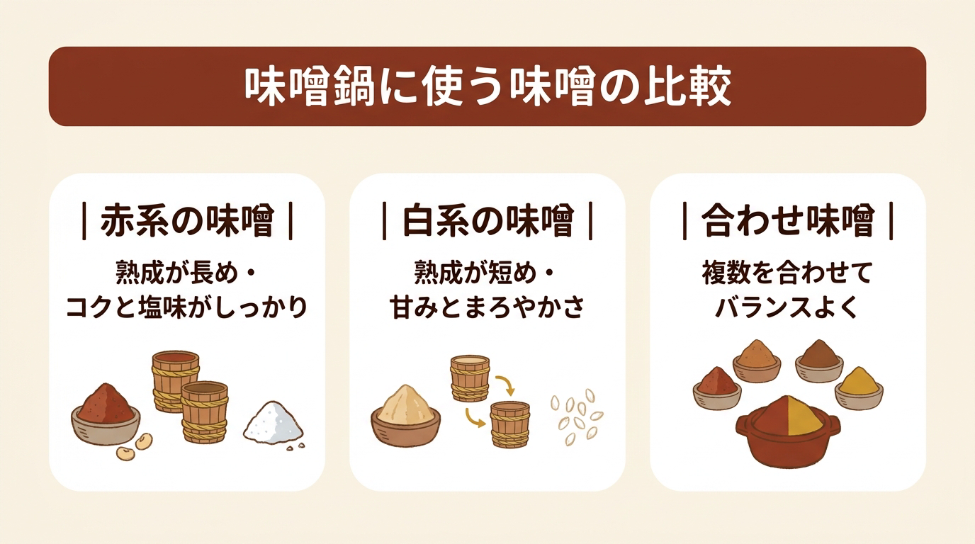 味噌鍋に使う味噌の比較（赤系の味噌は熟成が長めでコクと塩味がしっかり、白系の味噌は熟成が短めで甘みとまろやかさ、合わせ味噌は複数を合わせてバランスよく）を示す図解