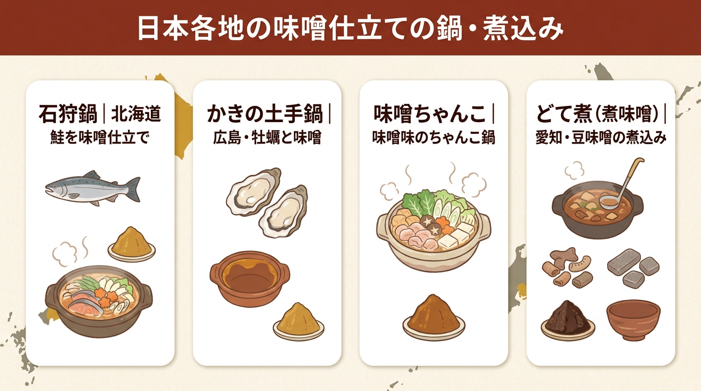日本各地の味噌仕立ての鍋・煮込みを紹介する図解（北海道の石狩鍋＝鮭を味噌仕立てで、広島のかきの土手鍋＝牡蠣と味噌、味噌ちゃんこ、愛知のどて煮＝豆味噌の煮込み）