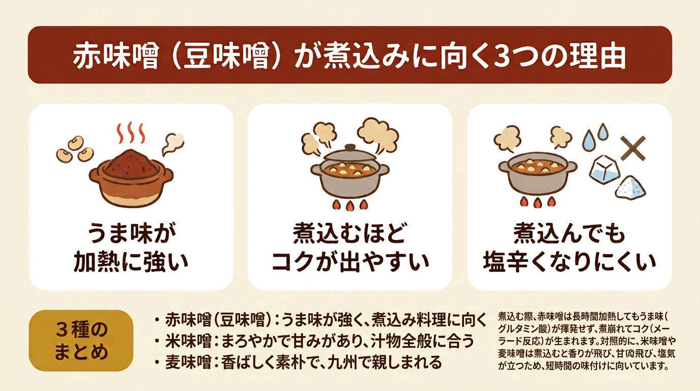 赤味噌(豆味噌)が煮込みに向く3つの理由を示す図。うま味が加熱に強い、煮込むほどコクが出やすい、煮込んでも塩辛くなりにくい。あわせて赤味噌・米味噌・麦味噌の特徴のまとめも掲載