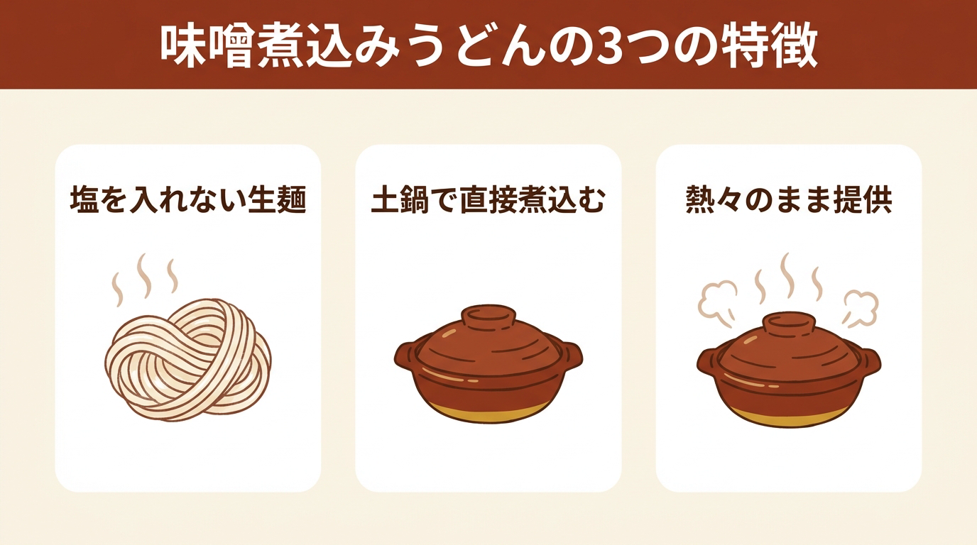 味噌煮込みうどんの3つの特徴を示す図。塩を入れない生麺、土鍋で直接煮込む、熱々のまま提供する