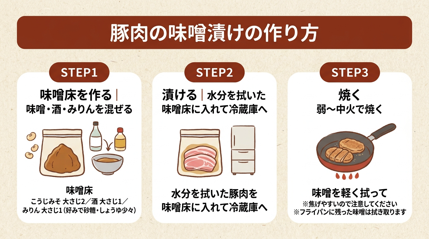 豚肉の味噌漬けの作り方を示す3ステップ図解(STEP1味噌床を作る、STEP2水分を拭いた豚肉を味噌床に入れて漬ける、STEP3弱〜中火で焼く)