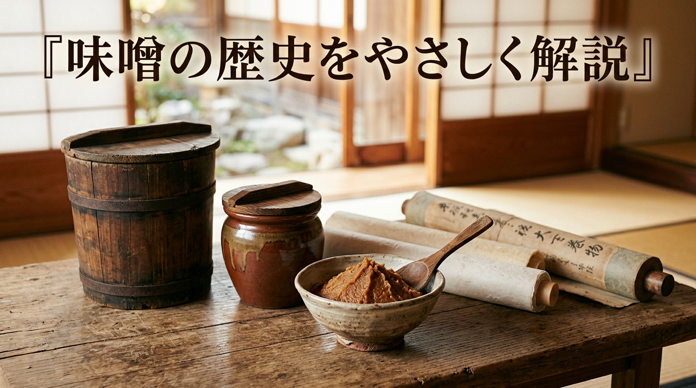古い味噌樽と壺、巻物を配した歴史を感じさせるイメージ