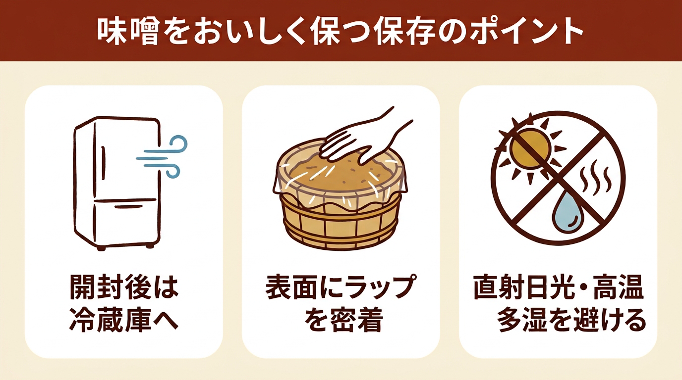 味噌をおいしく保つ保存のポイント(開封後は冷蔵庫へ・表面にラップを密着・直射日光や高温多湿を避ける)を示した図