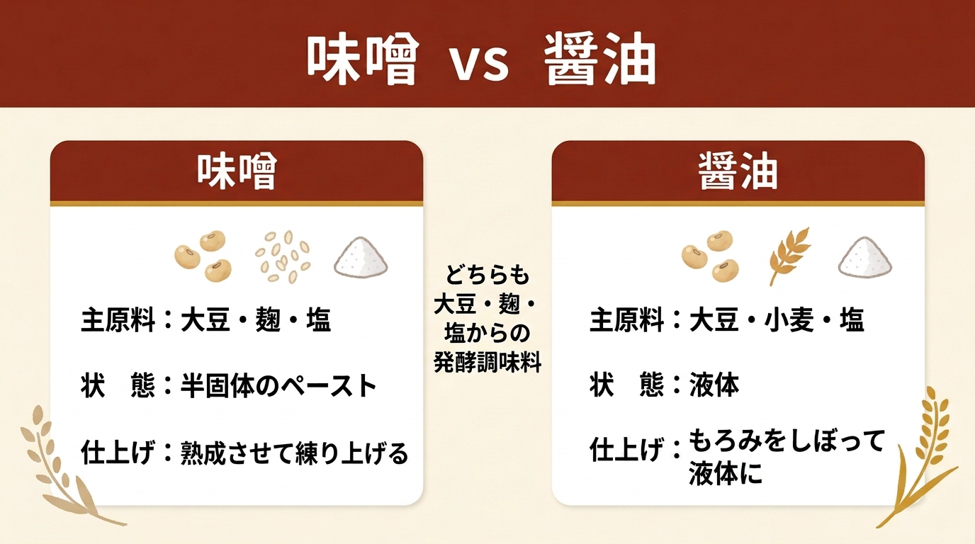 味噌と醤油の比較|主原料・状態・仕上げのちがい