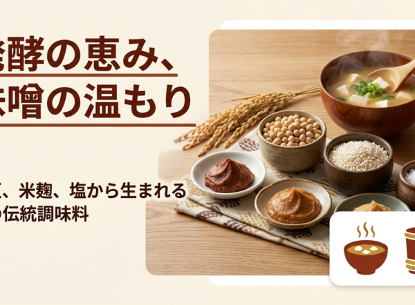 大豆・米麹・塩と味噌汁を並べた、発酵調味料としての味噌のイメージ