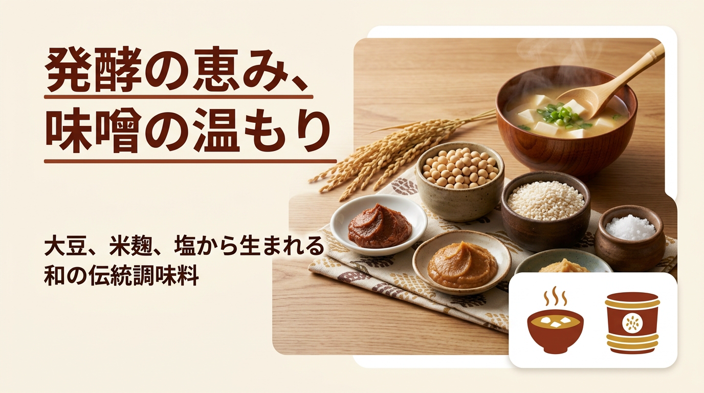 大豆・米麹・塩と味噌汁を並べた、発酵調味料としての味噌のイメージ