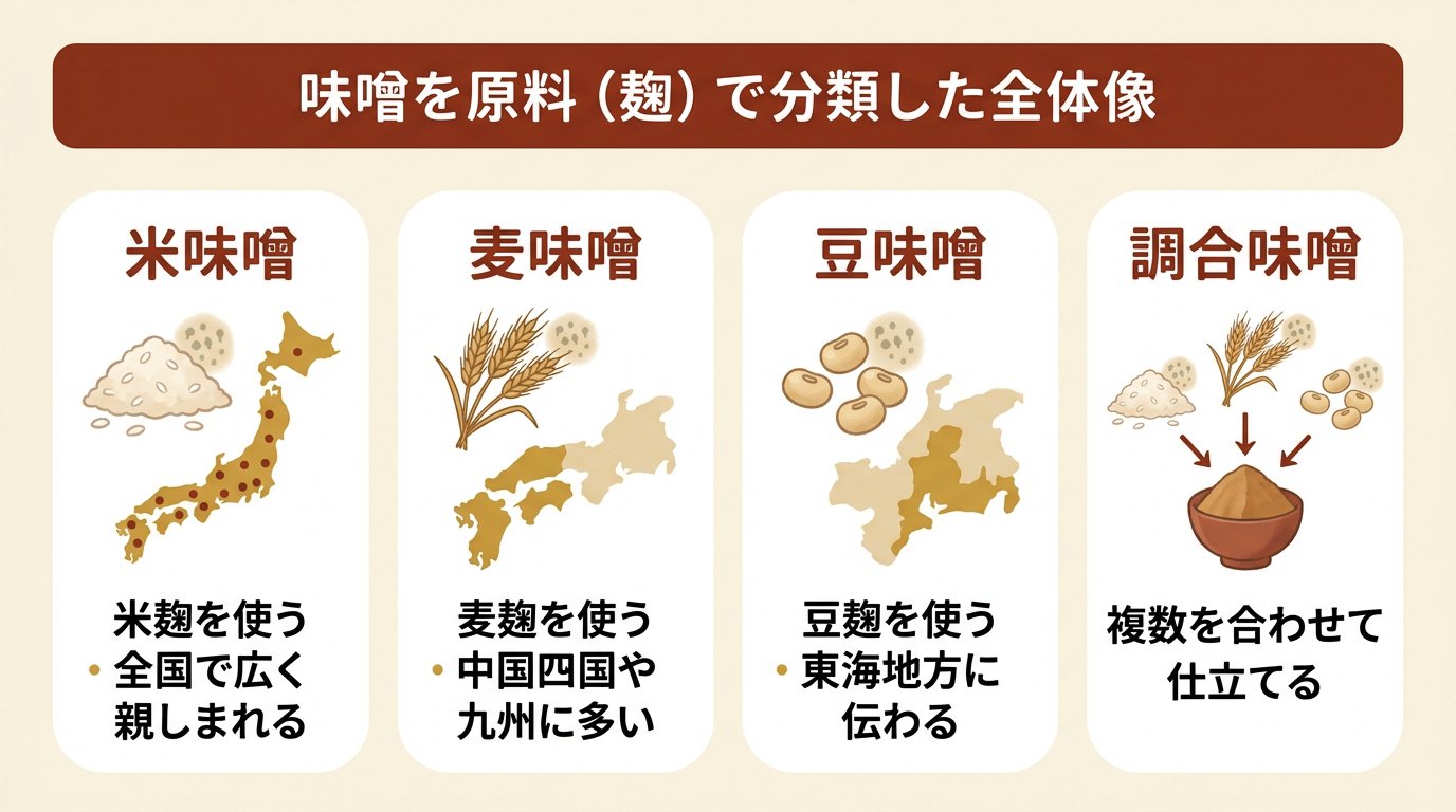 味噌を原料（麹）で分類した全体像｜米味噌・麦味噌・豆味噌・調合味噌