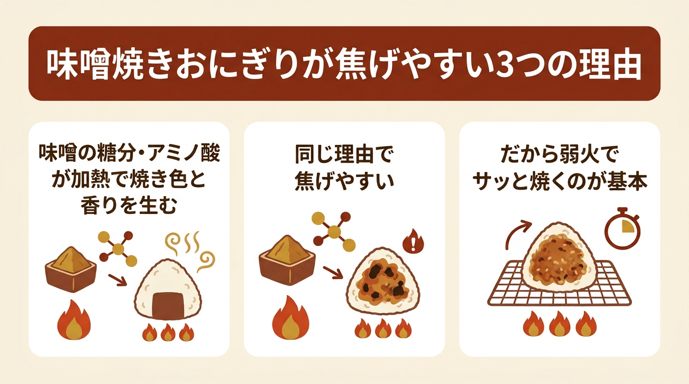 味噌焼きおにぎりが焦げやすい3つの理由(味噌の糖分・アミノ酸が加熱で焼き色と香りを生む、同じ理由で焦げやすい、だから弱火でサッと焼くのが基本)を示す図解