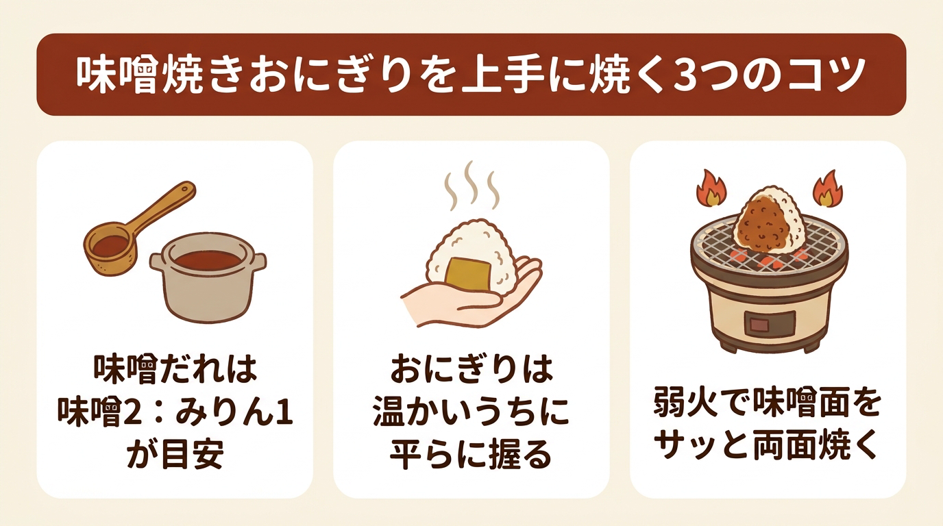 味噌焼きおにぎりを上手に焼く3つのコツ(味噌だれは味噌2:みりん1が目安、おにぎりは温かいうちに平らに握る、弱火で味噌面をサッと両面焼く)を示す図解