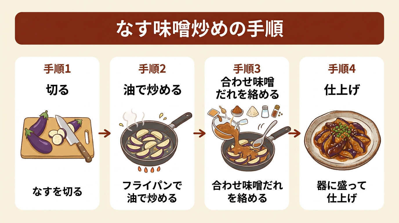 なす味噌炒めの手順を示す4ステップ図解（手順1なすを切る、手順2油で炒める、手順3合わせ味噌だれを絡める、手順4器に盛って仕上げ）