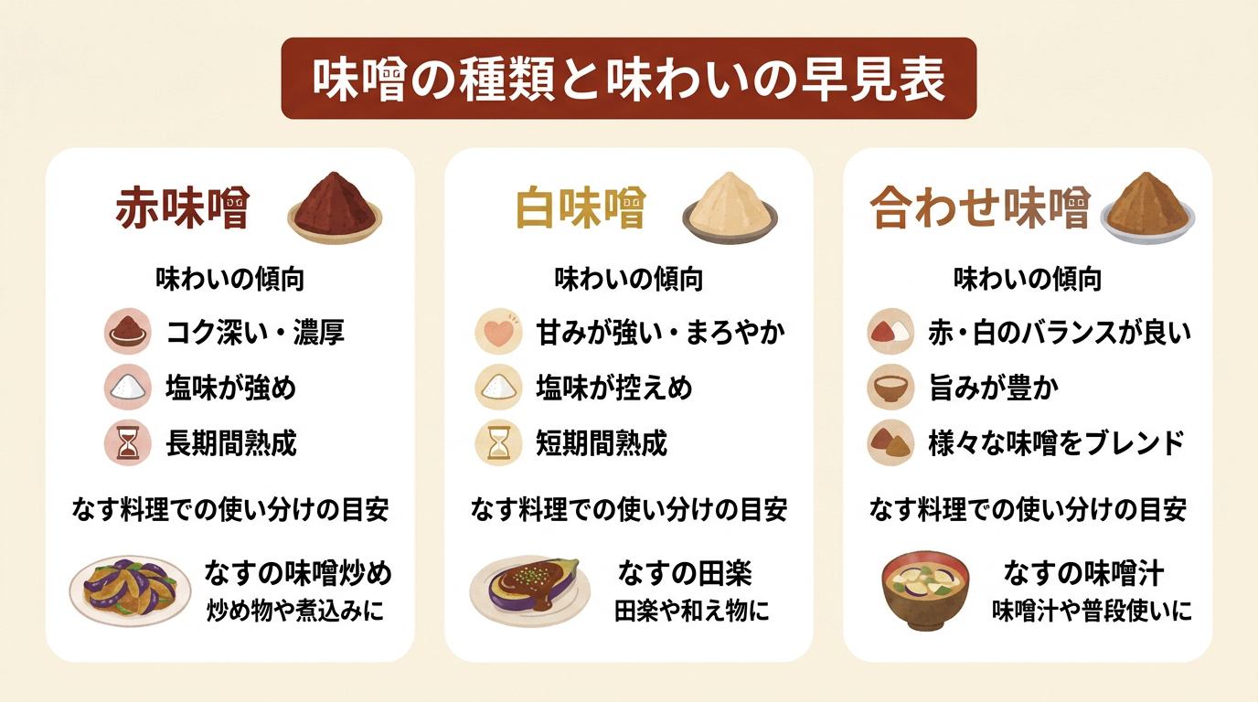味噌の種類と味わいの早見表（赤味噌・白味噌・合わせ味噌それぞれの味わいの傾向と、なす料理での使い分けの目安）