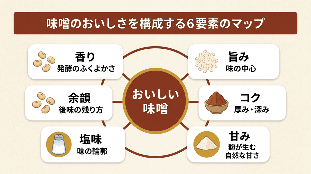 味噌のおいしさを構成する6要素（香り・旨み・コク・甘み・塩味・余韻）のマップ
