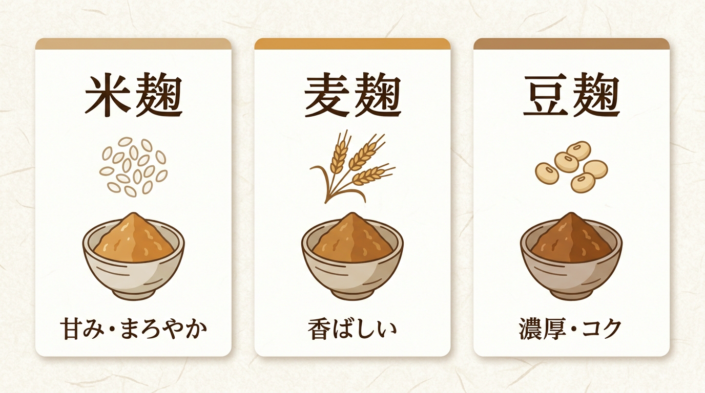 米麹・麦麹・豆麹の違いと、対応する味噌の種類・味わいの傾向を示した比較図
