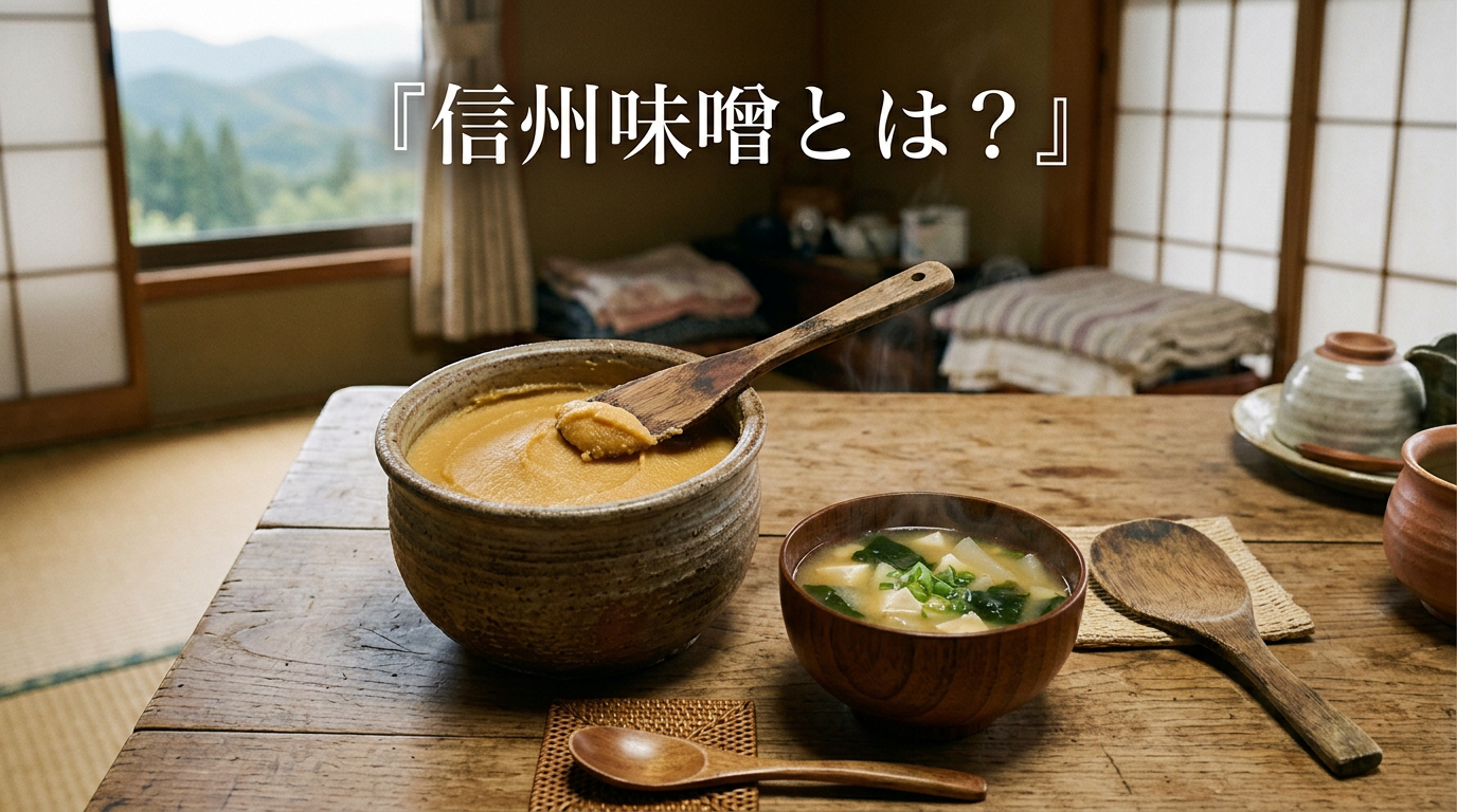 信州味噌と味噌汁、長野の山並みを望む和室のイメージ