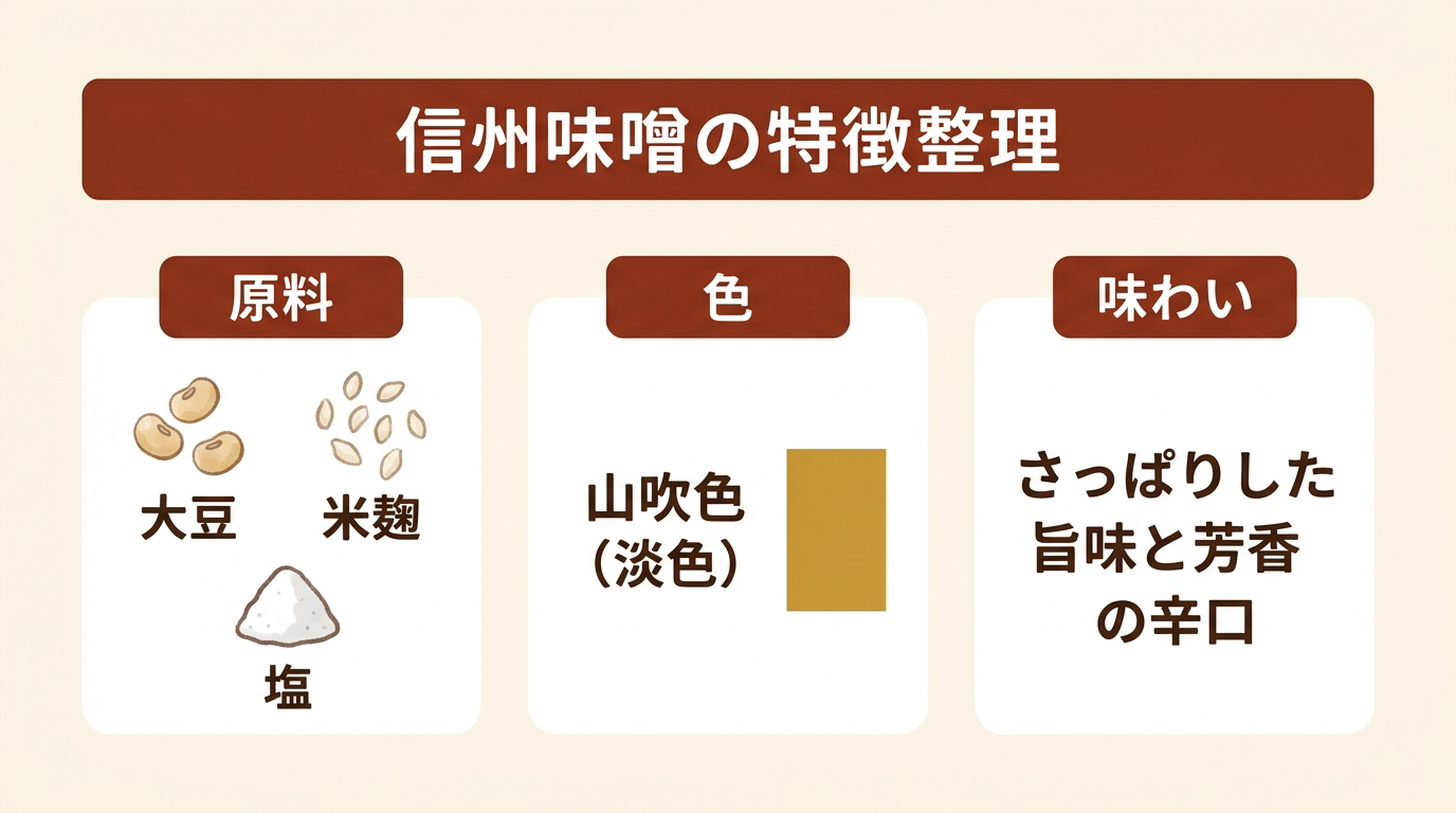 信州味噌の特徴整理(原料=大豆・米麹・塩/色=山吹色(淡色)/味わい=さっぱりした旨味と芳香の辛口)